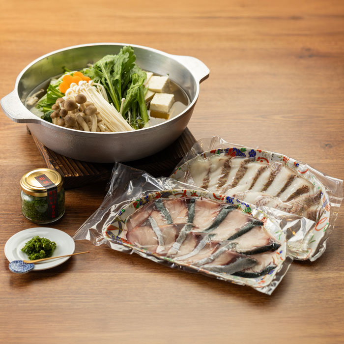 Foods - 博多・天然真鯛と天然ぶり鍋食べ比べセットと柚子胡椒 （ES-05）（製造：福津いいざい）【直送：冷凍】
