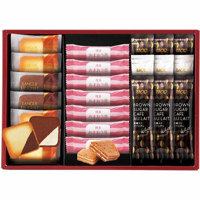 《1箱の内容》 内容／はかたあまおう苺チョコサンド×7・ラングドシャ（プレーン×4枚・チョコ×2枚）・UCCスティックコーヒー（黒糖入りカフェオレ×6・ミルクリッチカフェオレ×3） 箱サイズ／210×295×45mm 製造地：日本 福岡名産あまおうを使用した、ほどよい甘さの「博多あまおう苺サンド」に、サクッとした食感のクッキーにホワイトクリーム・チョコレートクリームをサンドした「ラングドシャ」、プレーン・ココア・コーヒー3種類の味が楽しめる可愛らしい「絞りクッキー」の詰合せ。ギフト対応