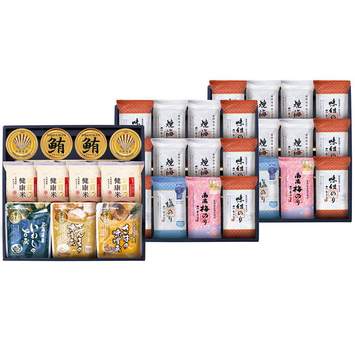 《1箱の内容》 内容／金賞 南高梅のり（8切6枚）×2・銀賞 有明海産塩のり（8切6枚）×2・味付のり（8切6枚）×12・焼のり（8切6枚）×8・金賞健康米150g×4・さんまの味噌煮・さばの味噌煮・いわしの旨煮・（まぐろ油漬け70g・宝幸貝柱水煮ほぐし身65g）各2 箱サイズ／330×345×140mm 生産地：日本 最高の食べ比べ海苔と共にお楽しみください。 北海道産さばの味噌煮 北海道産いわしの旨煮 北海道産さんまの味噌煮 紀州和歌山県産南高梅 近畿大学 農学部 共同開発商品 金賞健康米 「おいしさ」と「栄養」のいいとこどりを実現 毎日食べるごはんだからこそ、今までどおりのライフスタイルを変えることなくカンタンに健康応援します。 モンドセレクション金賞・銀賞を受賞した海苔の食べ比べセットギフト対応