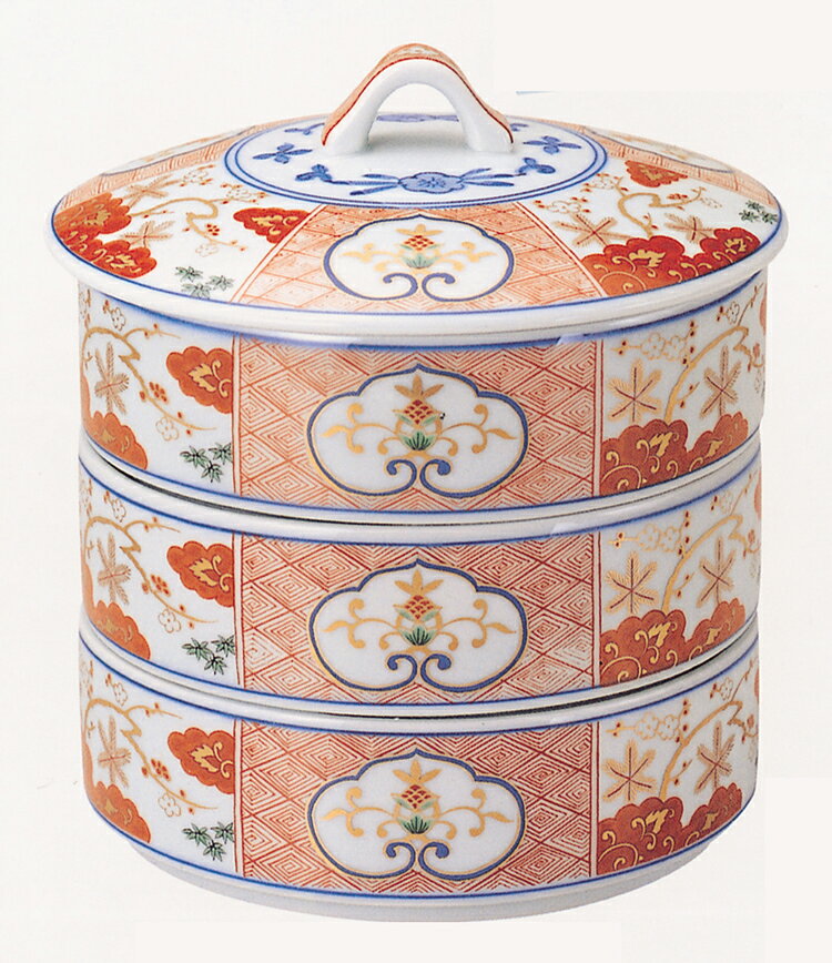 【在庫限り・即日出荷】中島誠之助監修 染錦窓絵霊芝文 三段重【送料込み価格】