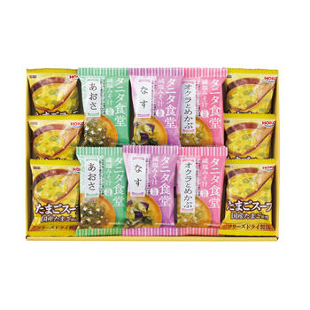 商品情報 名称減塩みそ汁・こだわりスープギフト（12食） 内容量タニタ食堂監修減塩みそ汁（あおさ・オクラとめかぶ・なす）各2・宝幸たまごスープ×6 賞味期限出荷時に30日以上の商品をお届けいたします。 サイズ箱サイズ：箱230×330×40mm アレルギー卵・小麦 メーカー品番TH-CJ 販売者※各商品に記載◇◆ラッピングについての詳細はこちら◆◇ 画像 減塩みそ汁・こだわりスープギフト（12食） ギフト プレゼント 内祝い お返し 出産祝い 結婚祝い 誕生日 おしゃれ 送料無料 ＼ 大切な方への贈り物に ／ 丸の内タニタ食堂の減塩みそを使用し、だしを加えておいしく仕上げたみそ汁と、国産たまごを使った、たまごスープのセット。保存や持ち運びに便利です。 丸の内タニタ食堂の減塩みそを使用し、だしを加えておいしく仕上げたみそ汁と、国産たまごを使った、たまごスープのセット。保存や持ち運びに便利です。?タニタ食堂監修 「米みそ」使用の減塩みそ汁?オクラとめかぶオクラとめかぶのねばねば具材にゴマで風味をプラスしました。あおさ風味豊かなあおさと定番の豆腐の組み合わせです。なすジューシーななすとわかめ、ねぎの組み合わせです。たまごスープ国産たまごを使用。ふんわりした卵の食感が楽しめます。 ◇複数の商品をご注文いただいた場合には、別口配送となる可能性がございます。 また複数注文の出荷完了メールは、各商品についてお送りしております。 ＜商品詳細＞ タニタ食堂監修減塩みそ汁（あおさ・オクラとめかぶ・なす）各2・宝幸たまごスープ×6 【賞味期限】出荷時に30日以上の商品をお届けいたします。 【箱サイズ・重量】箱サイズ：箱230×330×40mm 【アレルギー品目】卵・小麦 ★贈り物用途★ お中元 お歳暮 母の日 父の日 敬老の日 お供え 法事 内祝い お返し ★こんな方へ★ 両親 祖父母 上司 高齢者 一人暮らしの方