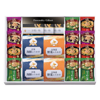商品情報 名称フリーズドライ&北海ふりかけギフトセット FRD-A50 内容量フリーズドライ味噌汁（なす・なめこ・ほうれん草）各4・松茸風味のお吸い物×3・（北海海鮮ふりかけ・北海道野菜ふりかけ）各2 賞味期限出荷時に30日以上の商品をお届けいたします。 サイズ箱サイズ：箱300×390×40mm アレルギー乳成分・小麦 メーカー品番FRD-A50 販売者※各商品に記載◇◆ラッピングについての詳細はこちら◆◇ 画像 フリーズドライ&北海ふりかけギフトセット FRD-A50 ギフト プレゼント 内祝い お返し 出産祝い 結婚祝い 誕生日 おしゃれ 送料無料 ＼ 大切な方への贈り物に ／ カンタン調理でも、一杯の温かいぬくもりが感謝の気持ちを伝える逸品です。 カンタン調理でも、一杯の温かいぬくもりが感謝の気持ちを伝える逸品です。サッとお湯を注ぐだけ。鰹だしたっぷりの贅沢なお味噌汁や香り豊かなお吸い物、北海道の秋鮭を贅沢に使用した北海海鮮ふりかけのセットです。 ◇複数の商品をご注文いただいた場合には、別口配送となる可能性がございます。 また複数注文の出荷完了メールは、各商品についてお送りしております。 ＜商品詳細＞ フリーズドライ味噌汁（なす・なめこ・ほうれん草）各4・松茸風味のお吸い物×3・（北海海鮮ふりかけ・北海道野菜ふりかけ）各2 【賞味期限】出荷時に30日以上の商品をお届けいたします。 【箱サイズ・重量】箱サイズ：箱300×390×40mm 【アレルギー品目】乳成分・小麦 ★贈り物用途★ お中元 お歳暮 母の日 父の日 敬老の日 お供え 法事 内祝い お返し ★こんな方へ★ 両親 祖父母 上司 高齢者 一人暮らしの方