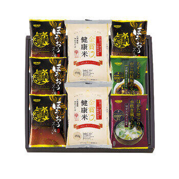 商品情報 名称からだにやさしさ＋国産フリーズドライほうおうスープ「金賞健康米」セット FDSR-0255 内容量スープ（ほうおう）×4・スープ（はかた水炊き・もずく）各1・金賞健康米150g×2 賞味期限出荷時に30日以上の商品をお届けいたします。 サイズ箱サイズ：箱245×263×35mm アレルギー卵・小麦 メーカー品番FDSR-0255 販売者※各商品に記載◇◆ラッピングについての詳細はこちら◆◇ 画像 からだにやさしさ＋国産フリーズドライほうおうスープ「金賞健康米」セット FDSR-0255 ギフト プレゼント 内祝い お返し 出産祝い 結婚祝い 誕生日 おしゃれ 送料無料 ＼ 大切な方への贈り物に ／ 近畿大学 農学部 共同開発商品 近畿大学 農学部 共同開発商品金賞健康米「おいしさ」と「栄養」のいいとこどりを実現毎日食べるものだから欲張りたい。毎日食べるごはんだからこそ、今までどおりのライフスタイルを変えることなくカンタンに健康応援します。従来製法では除去されてきた栄養成分を残せる新精米法を導入しました。近畿大学農学部との共同研究により、従来は除去されていたビタミンEを可視化することが可能になりました。特に、ビタミンEに含まれる「トコフェロール」は話題の栄養成分で、若返りの分野でクローズアップされることも。白米よりほんの少し黒味がありますが、炊きあがりは白米同様ピッカピカ。玄米のようなクセもないおいしいお米です。サプリメン卜とは違って、今までの生活リズムを変えずにそのまま、毎日のお米で家族みんなが笑顔になる！自信を持ってみなさまにご提供します。お客様の声「健康応援に期待」普通の白米よりビタミンEが多く含まれるこの商品に関心がありました。味はもっちりしててすごく美味しかったです。まずは半年位食べ続けてみようと思います。「冷めても美味しい！」初めて購入しましたが、美味しく頂けました。お米の粒が大きく、何より冷めても美味しいので弁当にも最適です。「健康が気になる年代に」この米は非常に美味しいだけでなく健康が気になる年代の自分には最高の商品でした。 ◇複数の商品をご注文いただいた場合には、別口配送となる可能性がございます。 また複数注文の出荷完了メールは、各商品についてお送りしております。 ＜商品詳細＞ スープ（ほうおう）×4・スープ（はかた水炊き・もずく）各1・金賞健康米150g×2 【賞味期限】出荷時に30日以上の商品をお届けいたします。 【箱サイズ・重量】箱サイズ：箱245×263×35mm 【アレルギー品目】卵・小麦 ★贈り物用途★ お中元 お歳暮 母の日 父の日 敬老の日 お供え 法事 内祝い お返し ★こんな方へ★ 両親 祖父母 上司 高齢者 一人暮らしの方
