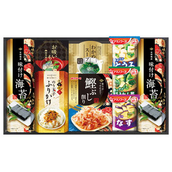 商品情報 名称アマノフリーズドライみそ汁&食卓詰合せ AMS-35 内容量有明海産味付海苔（8切4枚×2袋）×2・永谷園お吸いもの松茸風味（2.3g×2袋）・のり玉子ふりかけ（4.5g×2袋）・わかめスープ（5.3g×2袋）・アマノおみそ汁（とうふ・ほうれん草・なす）・マルトモ鰹ぶし削り（2g×4袋） 賞味期限出荷時に30日以上の商品をお届けいたします。 サイズ箱サイズ：箱250×425×70mm アレルギー卵・乳成分・小麦・えび メーカー品番AMS-35 販売者※各商品に記載◇◆ラッピングについての詳細はこちら◆◇ 画像 アマノフリーズドライみそ汁&食卓詰合せ AMS-35 ギフト プレゼント 内祝い お返し 出産祝い 結婚祝い 誕生日 おしゃれ 送料無料 ＼ 大切な方への贈り物に ／ 毎日の食卓に彩りを添える、便利でうれしい詰め合わせギフトです。 毎日の食卓に彩りを添える、便利でうれしい詰め合わせギフトです。ごはんのお供や汁物が手軽にそろい、忙しい日でも豊かな食卓を演出します。お湯を注ぐだけで本格的な味わいが楽しめるフリーズドライみそ汁は、常備食としても便利。常温保存が可能で日持ちも良く、ご家庭用はもちろん、ご挨拶や内祝いなどの贈り物にもおすすめの実用的なギフトです。 ◇複数の商品をご注文いただいた場合には、別口配送となる可能性がございます。 また複数注文の出荷完了メールは、各商品についてお送りしております。 ＜商品詳細＞ 有明海産味付海苔（8切4枚×2袋）×2・永谷園お吸いもの松茸風味（2.3g×2袋）・のり玉子ふりかけ（4.5g×2袋）・わかめスープ（5.3g×2袋）・アマノおみそ汁（とうふ・ほうれん草・なす）・マルトモ鰹ぶし削り（2g×4袋） 【賞味期限】出荷時に30日以上の商品をお届けいたします。 【箱サイズ・重量】箱サイズ：箱250×425×70mm 【アレルギー品目】卵・乳成分・小麦・えび ★贈り物用途★ お中元 お歳暮 母の日 父の日 敬老の日 お供え 法事 内祝い お返し ★こんな方へ★ 両親 祖父母 上司 高齢者 一人暮らしの方