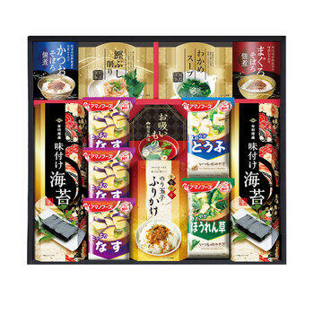 商品情報 名称アマノフリーズドライみそ汁&食卓詰合せ AMS-50 内容量そぼろ佃煮（かつお・まぐろ）5g×各2袋・鰹ぶし削り（2g×2袋）・わかめスープ（5.3g×2袋）・有明海産味付海苔（8切4枚×2袋）×2・永谷園お吸いもの松茸風味（2.3g×2袋）・のり玉子ふりかけ（4.5g×2袋）・アマノおみそ汁（とうふ・ほうれん草・なす×3） 賞味期限出荷時に30日以上の商品をお届けいたします。 サイズ箱サイズ：箱350×400×70mm アレルギー卵・乳成分・小麦・えび メーカー品番AMS-50 販売者※各商品に記載◇◆ラッピングについての詳細はこちら◆◇ 画像 アマノフリーズドライみそ汁&食卓詰合せ AMS-50 ギフト プレゼント 内祝い お返し 出産祝い 結婚祝い 誕生日 おしゃれ 送料無料 ＼ 大切な方への贈り物に ／ 毎日の食卓に彩りを添える、便利でうれしい詰め合わせギフトです。 毎日の食卓に彩りを添える、便利でうれしい詰め合わせギフトです。ごはんのお供や汁物が手軽にそろい、忙しい日でも豊かな食卓を演出します。お湯を注ぐだけで本格的な味わいが楽しめるフリーズドライみそ汁は、常備食としても便利。常温保存が可能で日持ちも良く、ご家庭用はもちろん、ご挨拶や内祝いなどの贈り物にもおすすめの実用的なギフトです。 ◇複数の商品をご注文いただいた場合には、別口配送となる可能性がございます。 また複数注文の出荷完了メールは、各商品についてお送りしております。 ＜商品詳細＞ そぼろ佃煮（かつお・まぐろ）5g×各2袋・鰹ぶし削り（2g×2袋）・わかめスープ（5.3g×2袋）・有明海産味付海苔（8切4枚×2袋）×2・永谷園お吸いもの松茸風味（2.3g×2袋）・のり玉子ふりかけ（4.5g×2袋）・アマノおみそ汁（とうふ・ほうれん草・なす×3） 【賞味期限】出荷時に30日以上の商品をお届けいたします。 【箱サイズ・重量】箱サイズ：箱350×400×70mm 【アレルギー品目】卵・乳成分・小麦・えび ★贈り物用途★ お中元 お歳暮 母の日 父の日 敬老の日 お供え 法事 内祝い お返し ★こんな方へ★ 両親 祖父母 上司 高齢者 一人暮らしの方