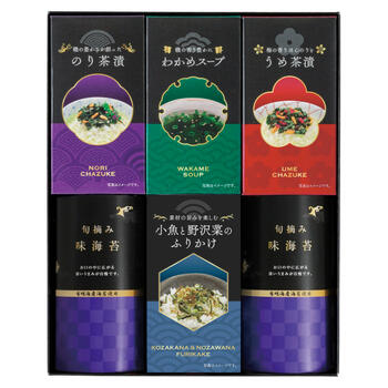 商品情報 名称味海苔・お茶漬け・ふりかけ・スープセット LJD-30 内容量有明海産味海苔（8切16枚）×2・小魚と野沢菜のふりかけ（4g×6袋）・うめ茶漬（5g×6袋）・のり茶漬（5g×6袋）・わかめスープ（3.5g×6袋） 賞味期限出荷時に30日以上の商品をお届けいたします。 サイズ箱サイズ：箱285×227×75mm アレルギー卵・乳成分・小麦・えび メーカー品番LJD-30 販売者※各商品に記載◇◆ラッピングについての詳細はこちら◆◇ 画像 味海苔・お茶漬け・ふりかけ・スープセット LJD-30 ギフト プレゼント 内祝い お返し 出産祝い 結婚祝い 誕生日 おしゃれ 送料無料 ＼ 大切な方への贈り物に ／ 毎日の食事を便利に、おいしく、楽しくするアイテムが揃った保存期間も長いセットです。 毎日の食事を便利に、おいしく、楽しくするアイテムが揃った保存期間も長いセットです。海苔やふりかけはご飯のお供にぴったりで、茶漬はお湯を注ぐだけで手軽に楽しめます。わかめスープも加わることで、食卓に彩りとバリエーションを添えるギフトに。 ◇複数の商品をご注文いただいた場合には、別口配送となる可能性がございます。 また複数注文の出荷完了メールは、各商品についてお送りしております。 ＜商品詳細＞ 有明海産味海苔（8切16枚）×2・小魚と野沢菜のふりかけ（4g×6袋）・うめ茶漬（5g×6袋）・のり茶漬（5g×6袋）・わかめスープ（3.5g×6袋） 【賞味期限】出荷時に30日以上の商品をお届けいたします。 【箱サイズ・重量】箱サイズ：箱285×227×75mm 【アレルギー品目】卵・乳成分・小麦・えび ★贈り物用途★ お中元 お歳暮 母の日 父の日 敬老の日 お供え 法事 内祝い お返し ★こんな方へ★ 両親 祖父母 上司 高齢者 一人暮らしの方
