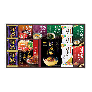 商品情報 名称人形町今半・松阪牛と贅沢フリーズドライ詰合せ SY-70 内容量人形町今半すき焼きふりかけ30g・松阪牛ふりかけ30g・甘海老みそ汁（7.5g×2袋）・丸美屋のり茶漬け（6g×4袋）・丸美屋のり茶漬け（6g×2袋）・永谷園松茸風味お吸い物（2.3g×2袋）・わかめスープ（3.5g×3袋）・あわび入お吸い物×3・白子のり味のり（8切5枚）×3 賞味期限出荷時に30日以上の商品をお届けいたします。 サイズ箱サイズ：箱292×534×42mm アレルギー卵・乳成分・小麦・えび メーカー品番SY-70 販売者※各商品に記載◇◆ラッピングについての詳細はこちら◆◇ 画像 人形町今半・松阪牛と贅沢フリーズドライ詰合せ SY-70 ギフト プレゼント 内祝い お返し 出産祝い 結婚祝い 誕生日 おしゃれ 送料無料 ＼ 大切な方への贈り物に ／ 人形町今半の「すき焼きふりかけ」、松阪牛パウダーを使った「すき焼き風松阪牛ふりかけ」に高級素材使用のフリーズドライやお吸い物等をギッシリ詰め合わせました。 人形町今半の「すき焼きふりかけ」、松阪牛パウダーを使った「すき焼き風松阪牛ふりかけ」に高級素材使用のフリーズドライやお吸い物等をギッシリ詰め合わせました。 ◇複数の商品をご注文いただいた場合には、別口配送となる可能性がございます。 また複数注文の出荷完了メールは、各商品についてお送りしております。 ＜商品詳細＞ 人形町今半すき焼きふりかけ30g・松阪牛ふりかけ30g・甘海老みそ汁（7.5g×2袋）・丸美屋のり茶漬け（6g×4袋）・丸美屋のり茶漬け（6g×2袋）・永谷園松茸風味お吸い物（2.3g×2袋）・わかめスープ（3.5g×3袋）・あわび入お吸い物×3・白子のり味のり（8切5枚）×3 【賞味期限】出荷時に30日以上の商品をお届けいたします。 【箱サイズ・重量】箱サイズ：箱292×534×42mm 【アレルギー品目】卵・乳成分・小麦・えび ★贈り物用途★ お中元 お歳暮 母の日 父の日 敬老の日 お供え 法事 内祝い お返し ★こんな方へ★ 両親 祖父母 上司 高齢者 一人暮らしの方
