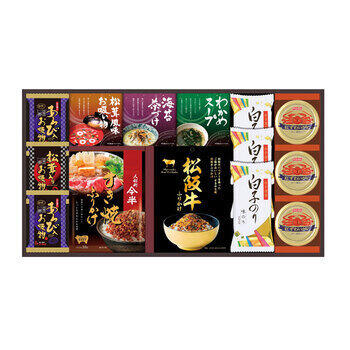 商品情報 名称人形町今半・松阪牛と贅沢フリーズドライ詰合せ SY-100 内容量人形町今半すき焼きふりかけ30g・松阪牛ふりかけ30g・紅ずわいがにほぐし身55g×3・丸美屋のり茶漬け（6g×2袋）・永谷園松茸風味お吸い物（2.3g×2袋）・わかめスープ（3.5g×3袋）・お吸い物（あわび入×2・松茸入り）・白子のり味のり（8切5枚）×3 賞味期限出荷時に30日以上の商品をお届けいたします。 サイズ箱サイズ：箱292×534×42mm アレルギー卵・乳成分・小麦・えび・かに メーカー品番SY-100 販売者※各商品に記載◇◆ラッピングについての詳細はこちら◆◇ 画像 人形町今半・松阪牛と贅沢フリーズドライ詰合せ SY-100 ギフト プレゼント 内祝い お返し 出産祝い 結婚祝い 誕生日 おしゃれ 送料無料 ＼ 大切な方への贈り物に ／ 人形町今半の「すき焼きふりかけ」、松阪牛パウダーを使った「すき焼き風松阪牛ふりかけ」に高級素材使用のフリーズドライやお吸い物等をギッシリ詰め合わせました。 人形町今半の「すき焼きふりかけ」、松阪牛パウダーを使った「すき焼き風松阪牛ふりかけ」に高級素材使用のフリーズドライやお吸い物等をギッシリ詰め合わせました。 ◇複数の商品をご注文いただいた場合には、別口配送となる可能性がございます。 また複数注文の出荷完了メールは、各商品についてお送りしております。 ＜商品詳細＞ 人形町今半すき焼きふりかけ30g・松阪牛ふりかけ30g・紅ずわいがにほぐし身55g×3・丸美屋のり茶漬け（6g×2袋）・永谷園松茸風味お吸い物（2.3g×2袋）・わかめスープ（3.5g×3袋）・お吸い物（あわび入×2・松茸入り）・白子のり味のり（8切5枚）×3 【賞味期限】出荷時に30日以上の商品をお届けいたします。 【箱サイズ・重量】箱サイズ：箱292×534×42mm 【アレルギー品目】卵・乳成分・小麦・えび・かに ★贈り物用途★ お中元 お歳暮 母の日 父の日 敬老の日 お供え 法事 内祝い お返し ★こんな方へ★ 両親 祖父母 上司 高齢者 一人暮らしの方