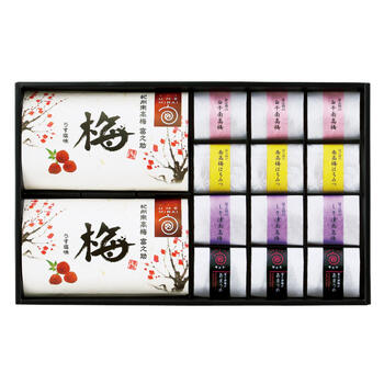 商品情報 名称紀州南高梅5種詰合せ 内容量富之助の南高梅はちみつ（8g×3）・富之助のあまうめ（8g×3）・富之助のしそ漬南高梅（8g×3）・富之助の南高梅うす塩味（80g×2）・富之助の白干南高梅（8g×3） 賞味期限出荷時に30日以上の商品をお届けいたします。 サイズ箱サイズ：箱220×346×45mm メーカー品番U-HAUSS-503 販売者※各商品に記載◇◆ラッピングについての詳細はこちら◆◇ 画像 紀州南高梅5種詰合せ ギフト プレゼント 内祝い お返し 出産祝い 結婚祝い 誕生日 おしゃれ 送料無料 ＼ 大切な方への贈り物に ／ 創業100余年の歴史を持つ老舗が手がける梅干。 創業100余年の歴史を持つ老舗が手がける梅干。旬の完熟梅を丁寧に選別し、こまめに塩をなじませる伝統製法で仕上げています。受け継がれた技に加え、塩を使わない新製法の「あまうめ」も展開。梅本来の魅力を引き出した味わいをお届けします。 ◇複数の商品をご注文いただいた場合には、別口配送となる可能性がございます。 また複数注文の出荷完了メールは、各商品についてお送りしております。 ＜商品詳細＞ 富之助の南高梅はちみつ（8g×3）・富之助のあまうめ（8g×3）・富之助のしそ漬南高梅（8g×3）・富之助の南高梅うす塩味（80g×2）・富之助の白干南高梅（8g×3） 【賞味期限】出荷時に30日以上の商品をお届けいたします。 【箱サイズ・重量】箱サイズ：箱220×346×45mm ★贈り物用途★ お中元 お歳暮 母の日 父の日 敬老の日 お供え 法事 内祝い お返し ★こんな方へ★ 両親 祖父母 上司 高齢者 一人暮らしの方