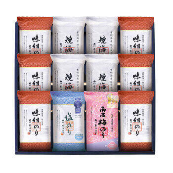 商品情報 名称金賞銀賞食べくらべ海苔GIFT（12袋） 内容量味付けのり（8切6枚）×6・有明海産塩のり（8切6枚）・南高梅のり（8切6枚）・焼のり（8切6枚）×4 賞味期限出荷時に30日以上の商品をお届けいたします。 サイズ箱サイズ：箱330×345×45mm アレルギー卵・小麦・えび メーカー品番GSNR-BG3 販売者※各商品に記載◇◆ラッピングについての詳細はこちら◆◇ 画像 金賞銀賞食べくらべ海苔GIFT（12袋） ギフト プレゼント 内祝い お返し 出産祝い 結婚祝い 誕生日 おしゃれ 送料無料 ＼ 大切な方への贈り物に ／ 最高の食べ比べ海苔 最高の食べ比べ海苔紀州南高梅の薫りと海苔そのものの風味の「南高梅のり」と、海苔そのものの素材を精一杯活かすために職人達が真剣勝負で仕上げた「有明海産塩のり」などを詰合せました。モンドセレクション2019?2021三年連続優秀品質賞金賞受賞南高梅のり有明海産海苔香り高い南高梅を独自の製法で仕上げ、秘伝の梅だれを作りあげました。日本一の産地であり、豊かな磯の香りと歯切れの良い有明海産海苔に梅だれの仕上げをした相性抜群の「南高梅のり」を心ゆくまでご堪能ください。モンドセレクション2023優秀品質賞銀賞受賞塩のり有明海産海苔男鹿半島で古くから用いられてきた製法と原料を使ってできた国産自然海塩を使用して、秘伝の塩だれを作りあげました。豊かな磯の香りと歯切れの良い有明海産海苔に塩だれの仕上げをした相性抜群の美味しい「塩のり」をご堪能ください。 ◇複数の商品をご注文いただいた場合には、別口配送となる可能性がございます。 また複数注文の出荷完了メールは、各商品についてお送りしております。 ＜商品詳細＞ 味付けのり（8切6枚）×6・有明海産塩のり（8切6枚）・南高梅のり（8切6枚）・焼のり（8切6枚）×4 【賞味期限】出荷時に30日以上の商品をお届けいたします。 【箱サイズ・重量】箱サイズ：箱330×345×45mm 【アレルギー品目】卵・小麦・えび ★贈り物用途★ お中元 お歳暮 母の日 父の日 敬老の日 お供え 法事 内祝い お返し ★こんな方へ★ 両親 祖父母 上司 高齢者 一人暮らしの方