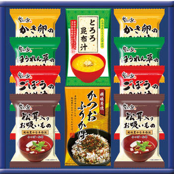 商品情報 名称みそ汁バラエティ SM-COA 内容量とろろ昆布汁（4食入）・かつおふりかけ（3食入）・フリーズドライ（かき卵のみそ汁・ほうれん草のみそ汁・ごぼうのみそ汁・松茸入りお吸いもの）各2 賞味期限出荷時に30日以上の商品をお届けいたします。 サイズ箱サイズ：箱265×280×50mm アレルギー卵・乳成分・小麦 メーカー品番SM-COA 販売者※各商品に記載◇◆ラッピングについての詳細はこちら◆◇ 画像 みそ汁バラエティ SM-COA ギフト プレゼント 内祝い お返し 出産祝い 結婚祝い 誕生日 おしゃれ 送料無料 ＼ 大切な方への贈り物に ／ 忙しい時に便利なスープ、お味噌汁のセット。本格的な味わいが手軽に楽しめます。 忙しい時に便利なスープ、お味噌汁のセット。本格的な味わいが手軽に楽しめます。 ◇複数の商品をご注文いただいた場合には、別口配送となる可能性がございます。 また複数注文の出荷完了メールは、各商品についてお送りしております。 ＜商品詳細＞ とろろ昆布汁（4食入）・かつおふりかけ（3食入）・フリーズドライ（かき卵のみそ汁・ほうれん草のみそ汁・ごぼうのみそ汁・松茸入りお吸いもの）各2 【賞味期限】出荷時に30日以上の商品をお届けいたします。 【箱サイズ・重量】箱サイズ：箱265×280×50mm 【アレルギー品目】卵・乳成分・小麦 ★贈り物用途★ お中元 お歳暮 母の日 父の日 敬老の日 お供え 法事 内祝い お返し ★こんな方へ★ 両親 祖父母 上司 高齢者 一人暮らしの方
