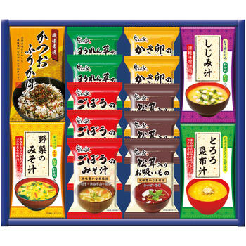商品情報 名称みそ汁バラエティ SM-EOA 内容量野菜のみそ汁（4食入）・かつおふりかけ（3食入）・とろろ昆布汁（4食入）・しじみ汁（4食入）・フリーズドライ（かき卵のみそ汁×2・ほうれん草のみそ汁×2・ごぼうのみそ汁×3・松茸入りお吸いもの×3） 賞味期限出荷時に30日以上の商品をお届けいたします。 サイズ箱サイズ：箱280×345×50mm アレルギー卵・乳成分・小麦 メーカー品番SM-EOA 販売者※各商品に記載◇◆ラッピングについての詳細はこちら◆◇ 画像 みそ汁バラエティ SM-EOA ギフト プレゼント 内祝い お返し 出産祝い 結婚祝い 誕生日 おしゃれ 送料無料 ＼ 大切な方への贈り物に ／ 忙しい時に便利なスープ、お味噌汁のセット。本格的な味わいが手軽に楽しめます。 忙しい時に便利なスープ、お味噌汁のセット。本格的な味わいが手軽に楽しめます。 ◇複数の商品をご注文いただいた場合には、別口配送となる可能性がございます。 また複数注文の出荷完了メールは、各商品についてお送りしております。 ＜商品詳細＞ 野菜のみそ汁（4食入）・かつおふりかけ（3食入）・とろろ昆布汁（4食入）・しじみ汁（4食入）・フリーズドライ（かき卵のみそ汁×2・ほうれん草のみそ汁×2・ごぼうのみそ汁×3・松茸入りお吸いもの×3） 【賞味期限】出荷時に30日以上の商品をお届けいたします。 【箱サイズ・重量】箱サイズ：箱280×345×50mm 【アレルギー品目】卵・乳成分・小麦 ★贈り物用途★ お中元 お歳暮 母の日 父の日 敬老の日 お供え 法事 内祝い お返し ★こんな方へ★ 両親 祖父母 上司 高齢者 一人暮らしの方