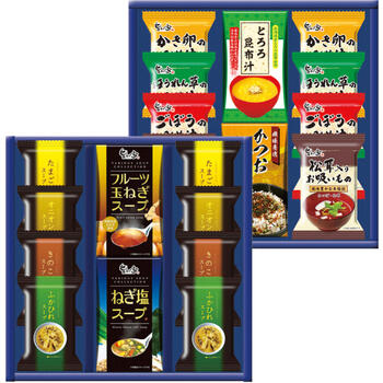 商品情報 名称スープ・みそ汁バラエティ SS-FOA 内容量とろろ昆布汁（4食入）・かつおふりかけ（3食入）・ねぎ塩スープ（3食入）・フルーツ玉ねぎスープ（3食入）・フリーズドライ（たまごスープ・きのこスープ・オニオンスープ・ふかひれスープ・かき卵のみそ汁・ほうれん草のみそ汁・ごぼうのみそ汁・松茸入りお吸いもの）各2 賞味期限出荷時に30日以上の商品をお届けいたします。 サイズ箱サイズ：箱265×280×100mm アレルギー卵・乳成分・小麦 メーカー品番SS-FOA 販売者※各商品に記載◇◆ラッピングについての詳細はこちら◆◇ 画像 スープ・みそ汁バラエティ SS-FOA ギフト プレゼント 内祝い お返し 出産祝い 結婚祝い 誕生日 おしゃれ 送料無料 ＼ 大切な方への贈り物に ／ 忙しい時に便利なスープ、お味噌汁のセット。本格的な味わいが手軽に楽しめます。 忙しい時に便利なスープ、お味噌汁のセット。本格的な味わいが手軽に楽しめます。 ◇複数の商品をご注文いただいた場合には、別口配送となる可能性がございます。 また複数注文の出荷完了メールは、各商品についてお送りしております。 ＜商品詳細＞ とろろ昆布汁（4食入）・かつおふりかけ（3食入）・ねぎ塩スープ（3食入）・フルーツ玉ねぎスープ（3食入）・フリーズドライ（たまごスープ・きのこスープ・オニオンスープ・ふかひれスープ・かき卵のみそ汁・ほうれん草のみそ汁・ごぼうのみそ汁・松茸入りお吸いもの）各2 【賞味期限】出荷時に30日以上の商品をお届けいたします。 【箱サイズ・重量】箱サイズ：箱265×280×100mm 【アレルギー品目】卵・乳成分・小麦 ★贈り物用途★ お中元 お歳暮 母の日 父の日 敬老の日 お供え 法事 内祝い お返し ★こんな方へ★ 両親 祖父母 上司 高齢者 一人暮らしの方