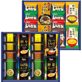商品情報 名称スープ・みそ汁バラエティ SS-HOA 内容量坦々スープ（3食入）・野菜スープ（3食入）・ねぎ塩スープ（3食入）・フルーツ玉ねぎスープ（3食入）・とろろ昆布汁（4食入）・野菜のみそ汁（4食入）・かつおふりかけ（3食入）×2・フリーズドライ（たまごスープ・きのこスープ・オニオンスープ・ふかひれスープ・かき卵のみそ汁・ほうれん草のみそ汁・ごぼうのみそ汁・松茸入りお吸いもの）各2 賞味期限出荷時に30日以上の商品をお届けいたします。 サイズ箱サイズ：箱285×350×100mm アレルギー卵・乳成分・小麦 メーカー品番SS-HOA 販売者※各商品に記載◇◆ラッピングについての詳細はこちら◆◇ 画像 スープ・みそ汁バラエティ SS-HOA ギフト プレゼント 内祝い お返し 出産祝い 結婚祝い 誕生日 おしゃれ 送料無料 ＼ 大切な方への贈り物に ／ 忙しい時に便利なスープ、お味噌汁のセット。本格的な味わいが手軽に楽しめます。 忙しい時に便利なスープ、お味噌汁のセット。本格的な味わいが手軽に楽しめます。 ◇複数の商品をご注文いただいた場合には、別口配送となる可能性がございます。 また複数注文の出荷完了メールは、各商品についてお送りしております。 ＜商品詳細＞ 坦々スープ（3食入）・野菜スープ（3食入）・ねぎ塩スープ（3食入）・フルーツ玉ねぎスープ（3食入）・とろろ昆布汁（4食入）・野菜のみそ汁（4食入）・かつおふりかけ（3食入）×2・フリーズドライ（たまごスープ・きのこスープ・オニオンスープ・ふかひれスープ・かき卵のみそ汁・ほうれん草のみそ汁・ごぼうのみそ汁・松茸入りお吸いもの）各2 【賞味期限】出荷時に30日以上の商品をお届けいたします。 【箱サイズ・重量】箱サイズ：箱285×350×100mm 【アレルギー品目】卵・乳成分・小麦 ★贈り物用途★ お中元 お歳暮 母の日 父の日 敬老の日 お供え 法事 内祝い お返し ★こんな方へ★ 両親 祖父母 上司 高齢者 一人暮らしの方