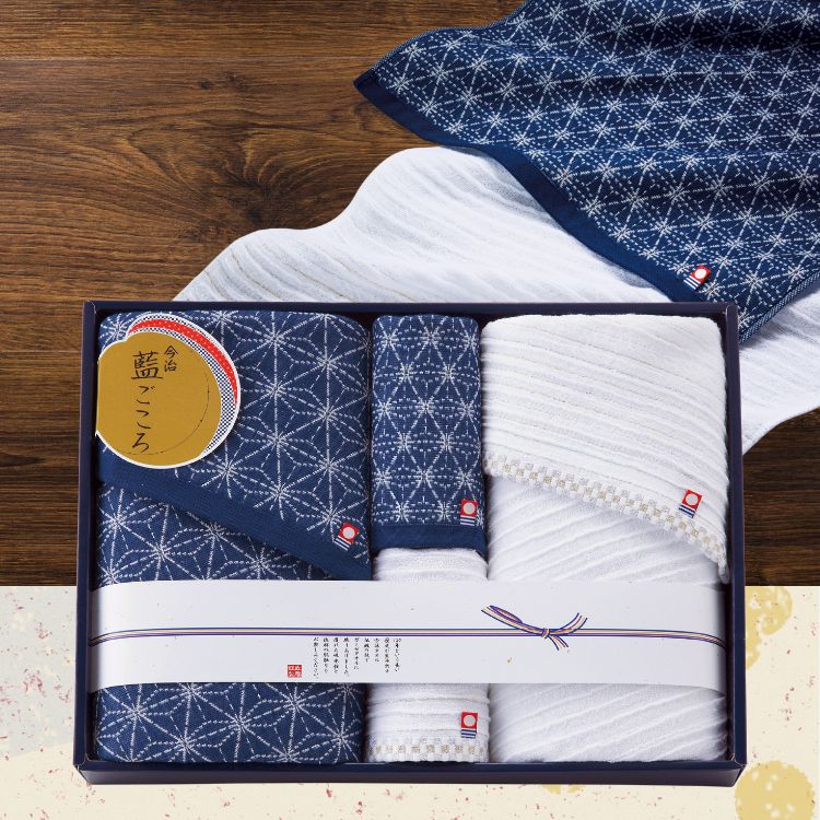 藍ごころ タオルセット（IGB-1980）今治タオル国産 高級 メイドインジャパン バスタオル ハンドタオル ガーゼタオル ギフト 内祝 御祝 御礼 快気祝 御供 粗供養 香典返し 彼岸 お中元 暑中　お見舞い お歳暮 お年賀 敬老の日 伝統の技で織り上げたガーゼタオル。優れた吸水性と抜群の肌触りです。 【商品内容】バスタオル×2・ハンドタオル×2【箱サイズ】 305×410×60mm【材質】綿100％ 5