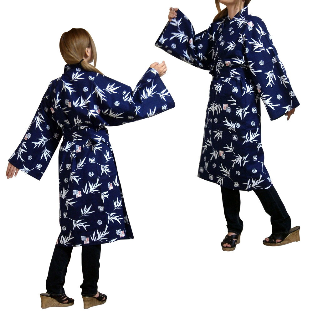 浴衣地 ハッピーコート42インチ 笹にハンコ 紺【送料無料】【和風部屋着】【プレゼント】【日本のお土産】【ハッピ ローブ】【ガウン】【ホームステイのおみやげ】【...