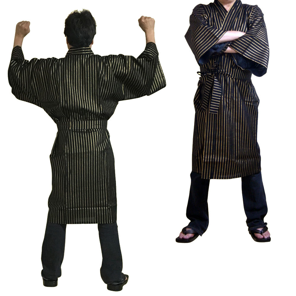 浴衣地 ハッピーコート 太縞金黒 45インチ ロングサイズ【送料無料】【和風部屋着】【プレゼント】【日本のおみやげ】ハッピ ローブ ガウン】【ねまき】【ホームス...