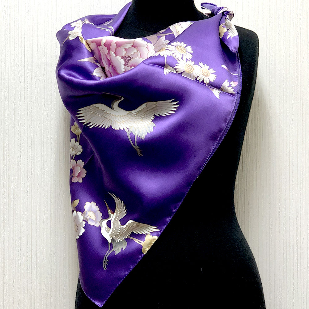 和柄シルクスカーフ鶴　紫日本製絹製品日本のおみやげ 日本のお土産 外国へのお土産ホームステイのおみやげ 日本土産