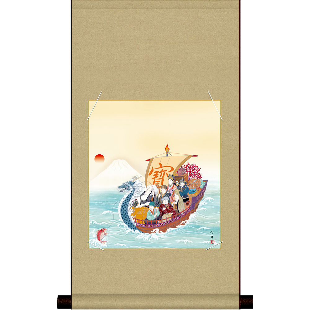 色紙 掛け軸セット 宝船 七福神 北山歩生作縁起物 開運招福 壁掛け 富士山 開運図 お祝い 和室 インテリア 日本のお土産 色紙絵 飾り色紙 送料無料