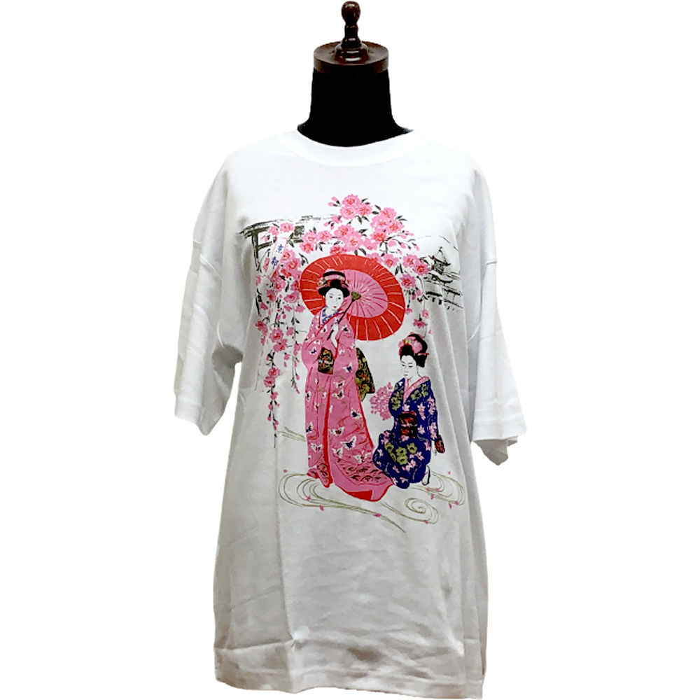 和柄Tシャツ 桜舞妓 Tシャツ Lサイズ和風Tシャツ 浮世絵Tシャツ 日本のお土産 ホームステイのおみやげ ユニークTシャツ 送料無料