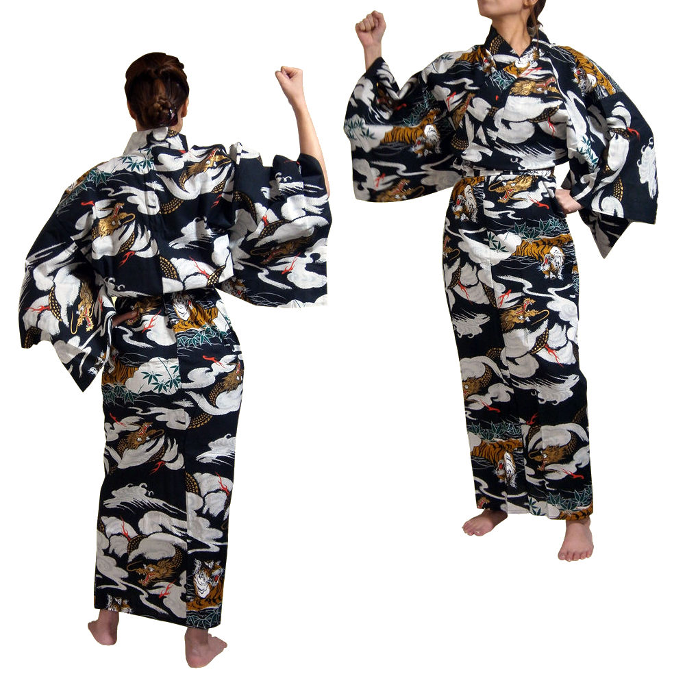 外国人向け浴衣 龍虎 黒 Mサイズ【日本のおみやげ】【日本のお土産】【旅館の浴衣】【簡単浴衣】【ホームステイのおみやげ】【日本土産】