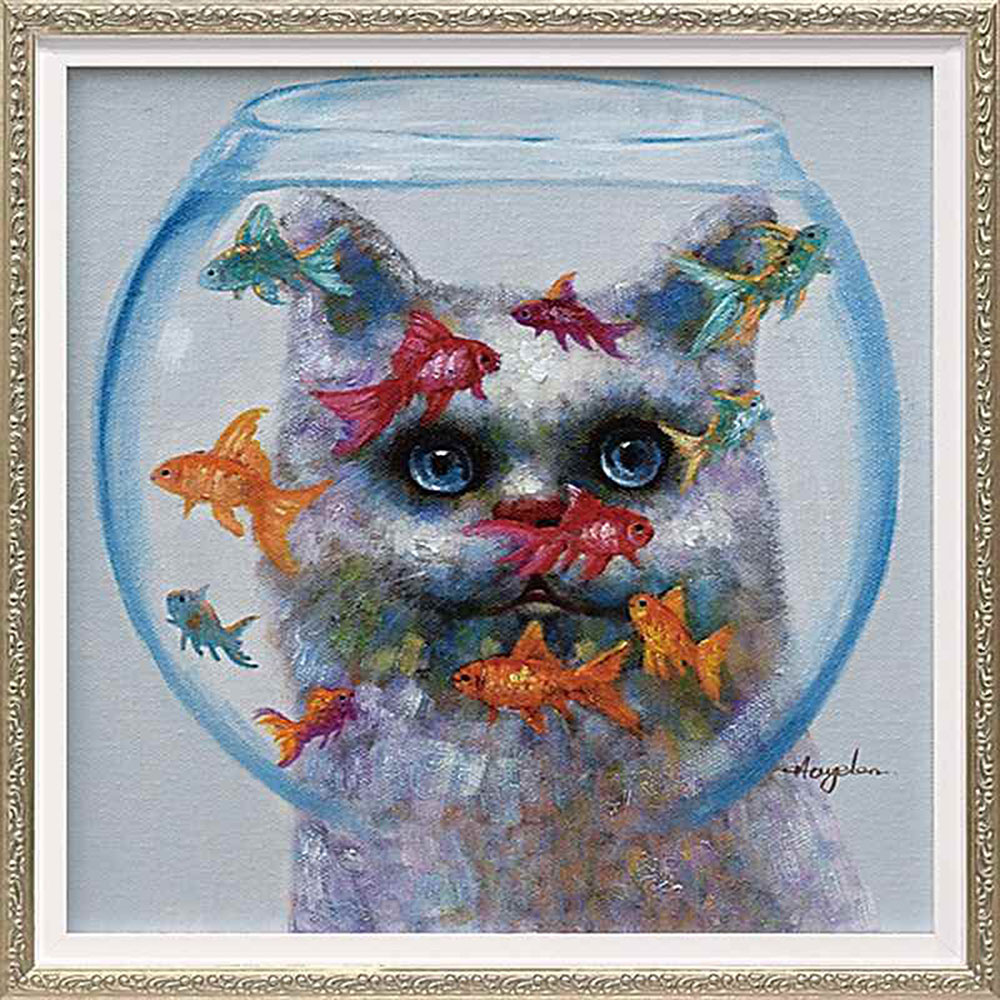 ハンドペイント絵画 オイル ペイント アート 「キャット アンド フィッシュ(Sサイズ)」 壁掛用 OP-07012周年記念品 プレゼント 退職記念 卒業記念 ...