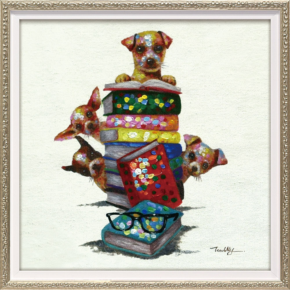 油彩画 オイル ペイント アート 「ドッグ オン ブックス(Sサイズ)」 壁掛用 オイル ペイント OP-07024周年記念品 プレゼント 退職記念 卒業記念 ...