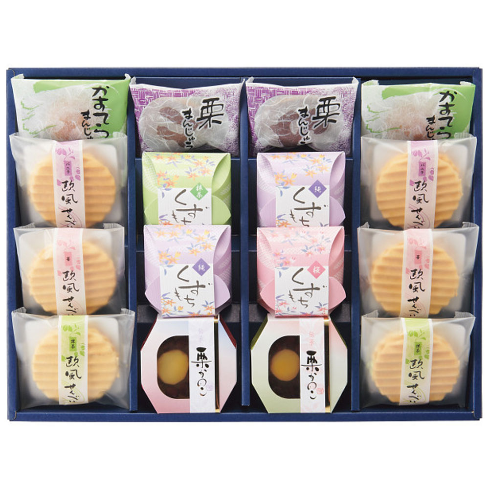 ●箱サイズ：約42.0×31.5×6.0（cm）/重さ：1.2kg●化粧箱入●かすてらまんじゅう・栗まんじゅう・栗かのこ×各2、欧風せんべい（バニラ・苺・抹茶×各2）、くずもち（純×2、桜・抹茶×各1）●饅頭等の焼き菓子から、くずもち、栗かのこといった和のお菓子を詰め合わせました。幅広い年代の方にお楽しみいただけます。●宅配冷蔵区分：常温●賞味期間：50日以上の物をお届けいたします。●アレルギー物質：卵・乳成分・小麦・大豆