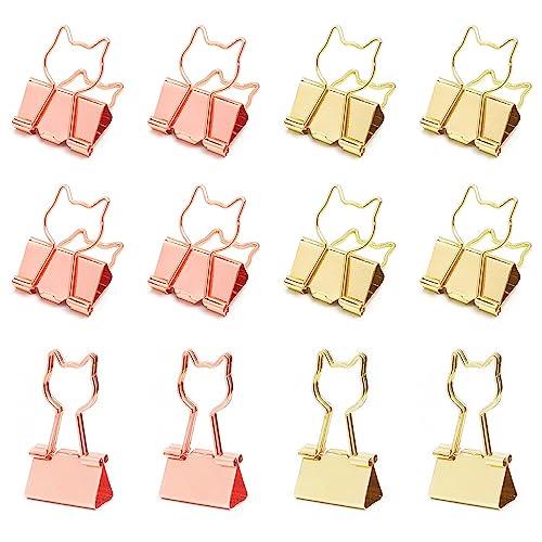 猫型 ダブルクリップ 小 19mm 12個入り ネコデザイン クリップ ペーパークリップ 金属製 書類整理 事務用品 オフィス かわいい (ローズゴールド+ゴー...