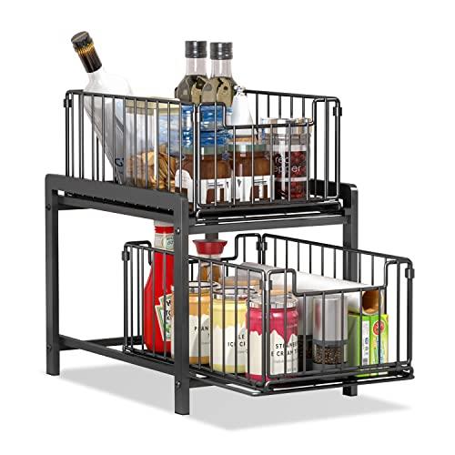 Dopool キッチン収納 シンク下収納 スライドラ ック 2段 引き出し付き 大容量 洗面所収納 スリム おしゃれ 安定性 50KGまで対応 (Black)