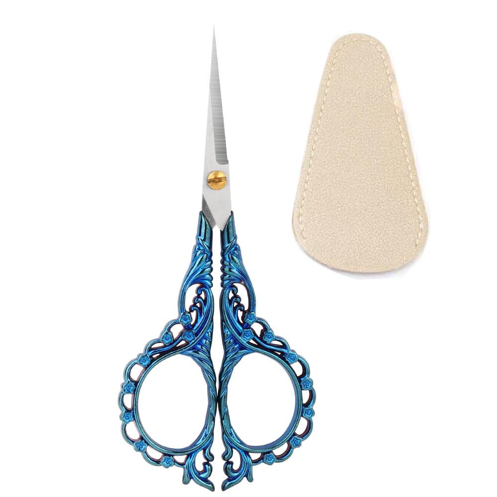 レトロ小さい裁縫はさみ、紙、刺繍道具用、アウトドア便利、バルク、DIY、装飾、革製ケース付き (墨蓝)