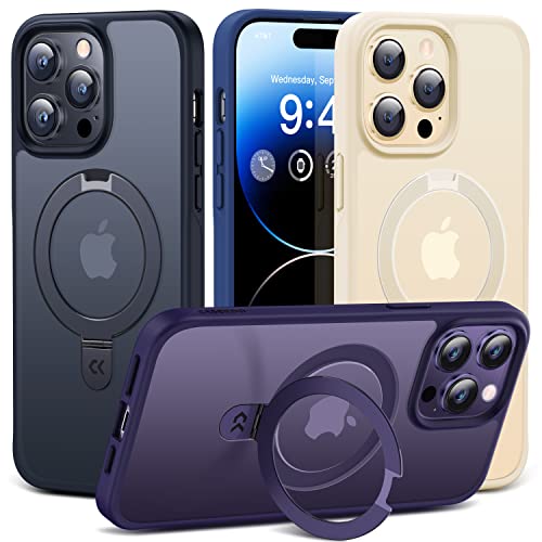 【スタンド機能付き Magsafe対応】CASEKOO iphone14pro 用 ケース 隠し収納式 米軍MIL規格 耐衝撃 スマホケース 薄形半透明 マット仕上げ 指紋防止 ストラップホール付き ワイヤレス充電対応 アイフォン14pro 用 ケース 用 6.1インチ カバー（マット・ディープパープ