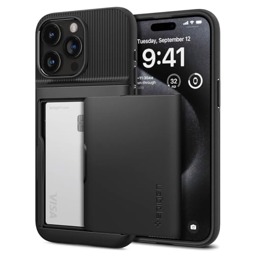 Spigen iPhone 15 Pro Max ケース カード収納 米軍MIL規格 耐衝撃 パスケース スリム・アーマーCS ACS06589 (ブラック)