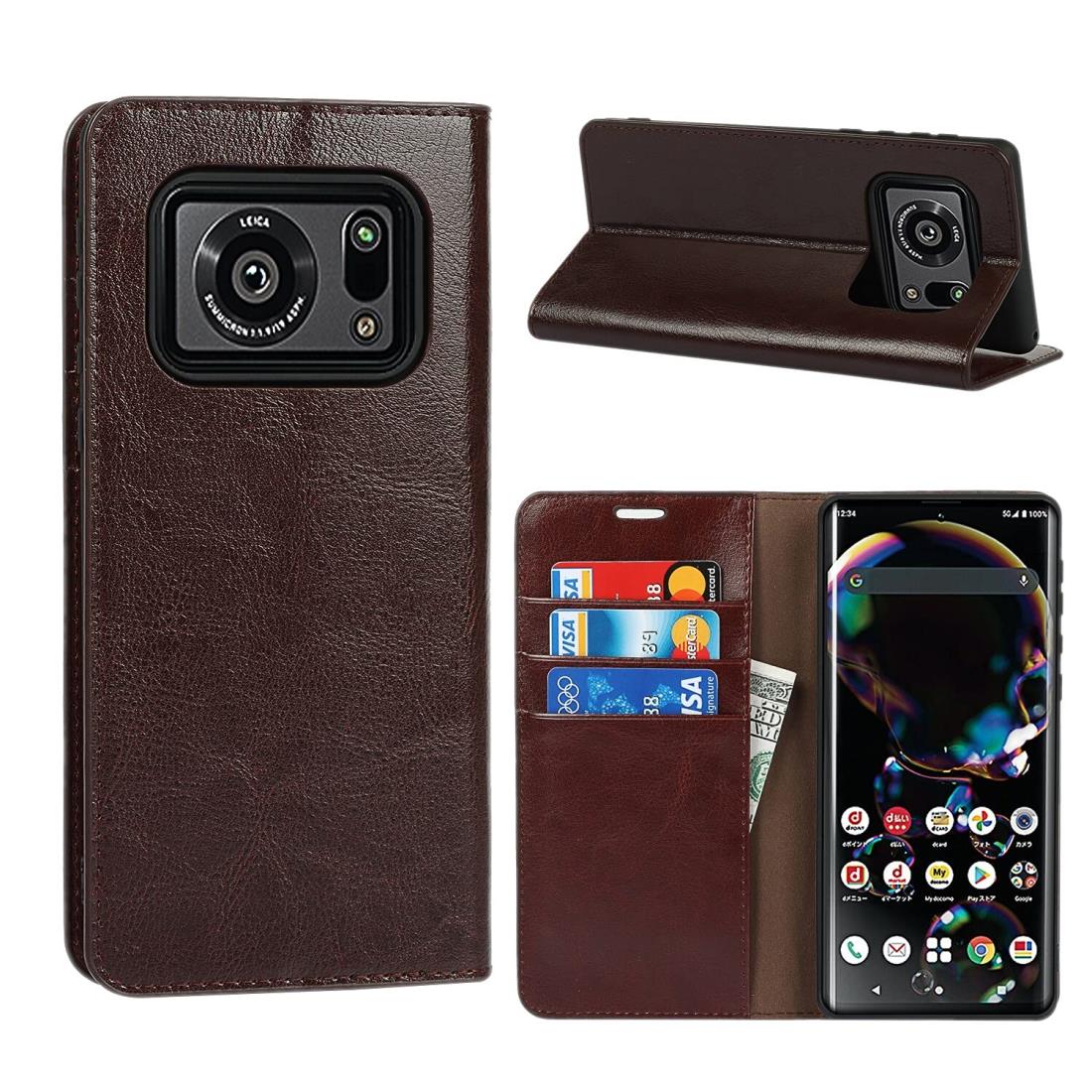 Pelanty For AQUOS R6 SH-51B ケース手帳型 Sharp AQUOS R6 docomo 携帯カバー 手作り 本革レザー aquosr6 sh51b 財布型カバー カード収納 スタンド機能 耐衝撃 マグネット無し 開閉ベルト無し ドコモ アクオス アール6 シャープ r6 スマホケース【ダークブラウン】