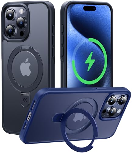 CASEKOO iPhone 15 Pro 用 ケース Magsafe対応 米軍MIL規格 耐衝撃 隠しスタンド 指紋防止 マット仕上げ 黄変防止 薄型半透明 スマホケース ストラップホール付き ワイヤレス充電対応 アイフォン15pro用ケース（ブラック）