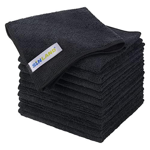 Sinland マイクロファイバー クリーニング クロス ふきん 掃除 タオル (ブラック 30cmx30cm 12枚)