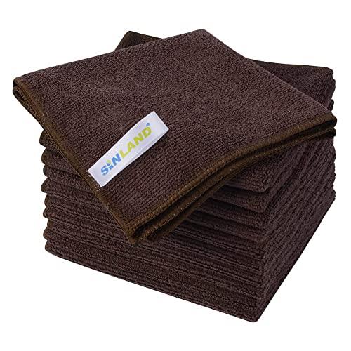 SINLAND マイクロファイバー クリーニングクロス 業務用タオル キッチン 掃除 洗車 吸水 速乾 クロス 12枚入 ブラウン
