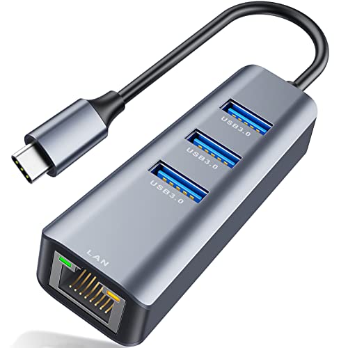 USB C LANA_v^[ 4in1 USB C nu 3*USB 3.0 g|[g+RJ45|[gMKrbg C[Tlbg[1000/100/10Mbps܂] USB Hubg Type C LLANϊA_v^[AMacBook Pro/Air 2021/2020/2019, iPad Pro 2021, Chromebook, XPS, Surface Book 3/2/GoΉ