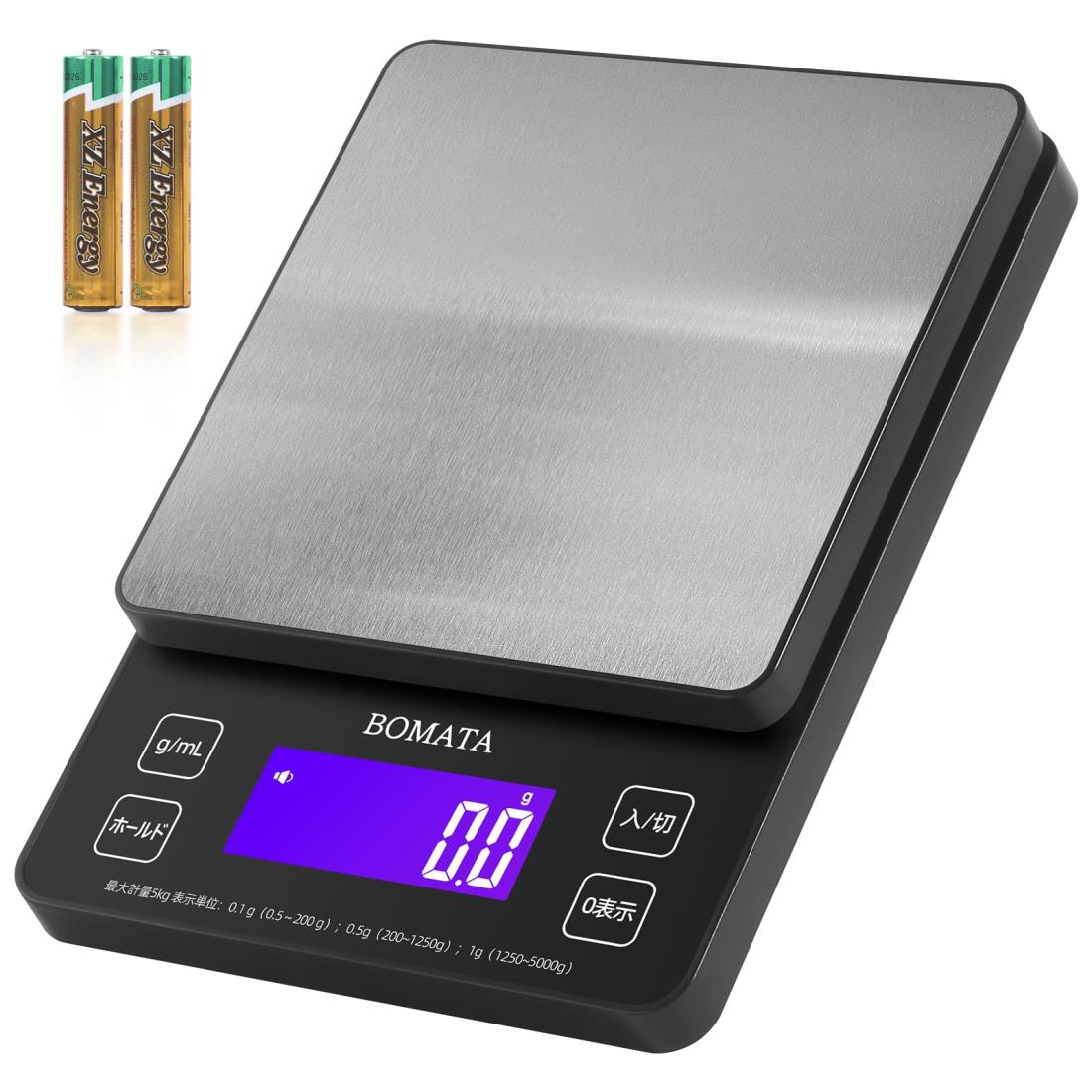 BOMATA(ボマタ) はかり デジタル キッチン 0.1g単位 5kg 全視野 バックライト画面 無隙間 パネル タッ..