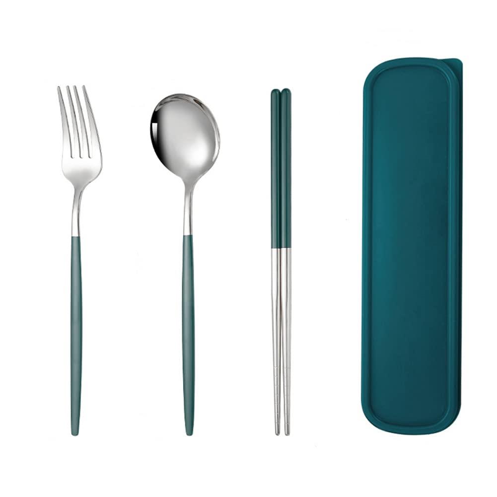 カトラリーセット ステンレス鋼 箸 フォーク スプーン 3点セット ケース付き コンビセット アウトドア 携帯食器セット 衛生 学生 大人用 食器セット ランチ 通勤 通学 弁当箱用 キャンプ用 携帯便利 プレゼント (グリーンシルバー)