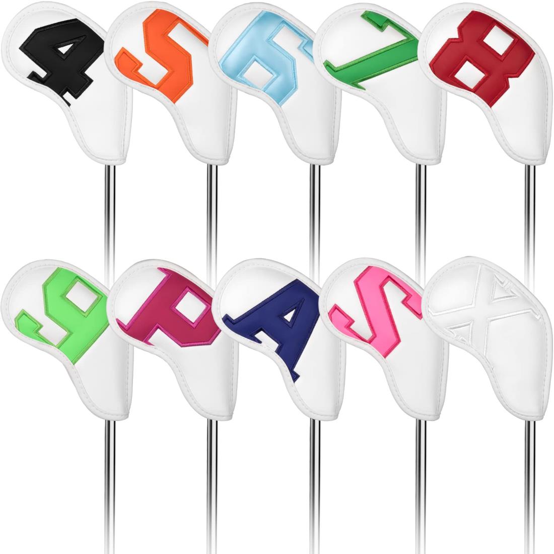 ゴルフアイアンカバー マグネット ウェッジカバー クラブヘッドカバー セット 10pcs(4-9,P,A,S,X) 両面カラフル番号 白い合成皮革