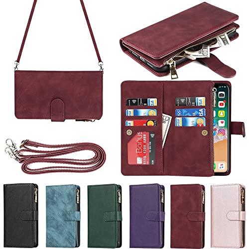 Eastwave アイフォンiPhone X/XS ケース iPhoneXS iPhoneX 縄掛けケース 手帳型 財布型 ICカード コインポケット ストラップ付き カード 収納 小銭入れ ファスナーポケット付き PUレザー 6色 レッド