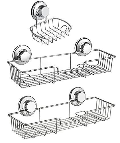 シャンプーラック石鹸置き3個セット 強力吸着 吸盤ラック シャンプーラック シャワーキャディー 錆びにくいステンレス キッチン 収納ラック お水切り バスラック キッチン用品 浴室用品 洗面所 お風呂 壁に穴を開けない