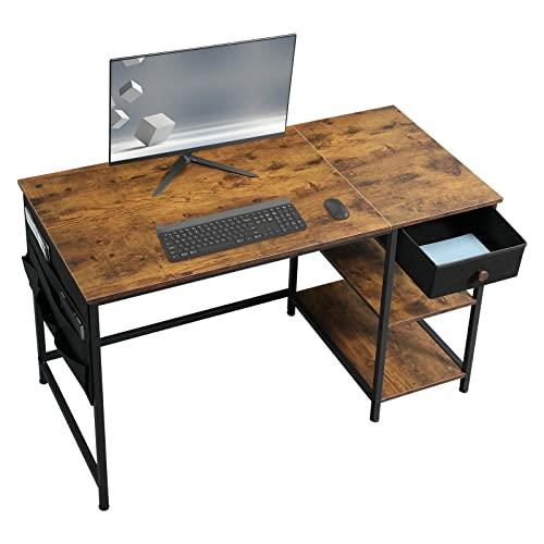 パソコンデスク 幅120cm×奥行55cm ラック付きデスク 布製引き出し付きデスク 在宅ワークデスク オフィスデスク 収納ラック 収納袋付きデスク 勉強机 学習机 左右入替可 テレワーク 在宅勤務 ビンテージ