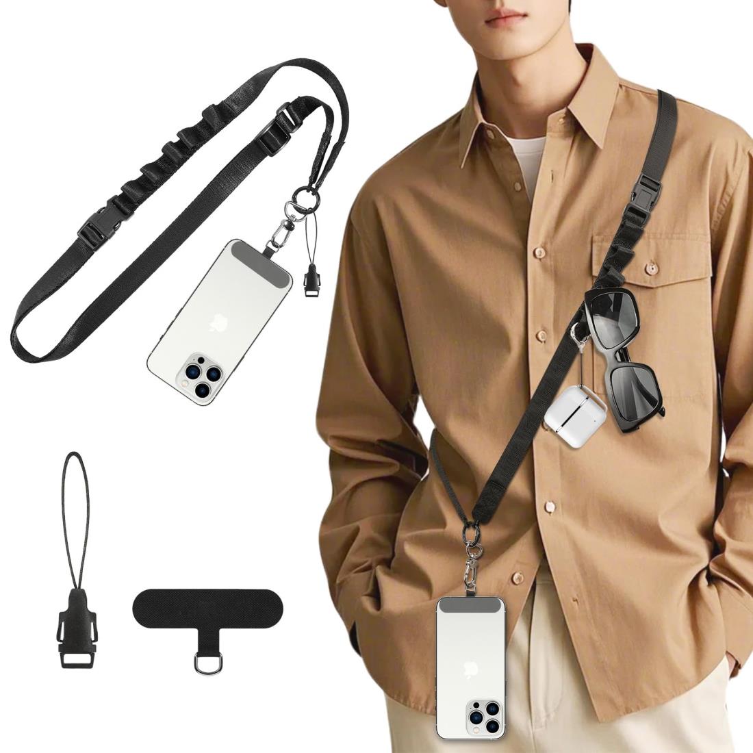 [MoKo] スマホストラップ スマホショルダー 首掛け/肩掛け/斜め掛け 携帯ストラップ 挟み込むタイプ 全機種対応 長さ調節可能 紛失/盗難/落下防止 取付簡単 カラビナ付き Black