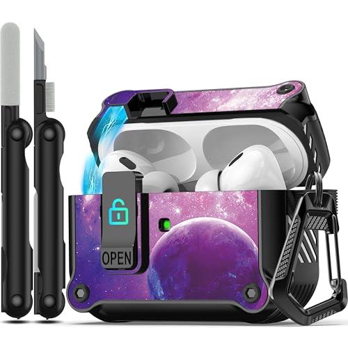 RFUNGUANGO AirPods Pro 第 2/1 世代ケースカバー 安全ロッククリップ付き 自動ポップアップケース フルボディ耐衝撃ハード保護カバー AirPods Pro 2 ケース (2023/2022/2019) 用 - Starry Sky