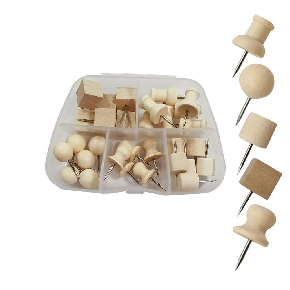木柄の画鋲 押しピン 5種類 30個入り 画びょうピン 美術 オフィス 学習 固定用 収納ケース付き 原木色 ..