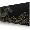 iCasso マウスパッド ゲーミング 大型 デスクマット90x40cm 耐水性 洗える 滑り止め ゴムベースデスクマット 仕事 ゲーム オフィス ホーム用(神奈川沖浪裏・ゴールドライン)