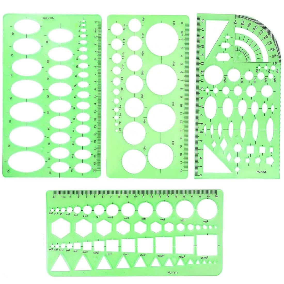 TerraShine 定規 テンプレート セット (4個) - 円、楕円、三角、四角形 製図用 多機能 多形 計量製図用品 描画テンプレート 透明 プラスチック