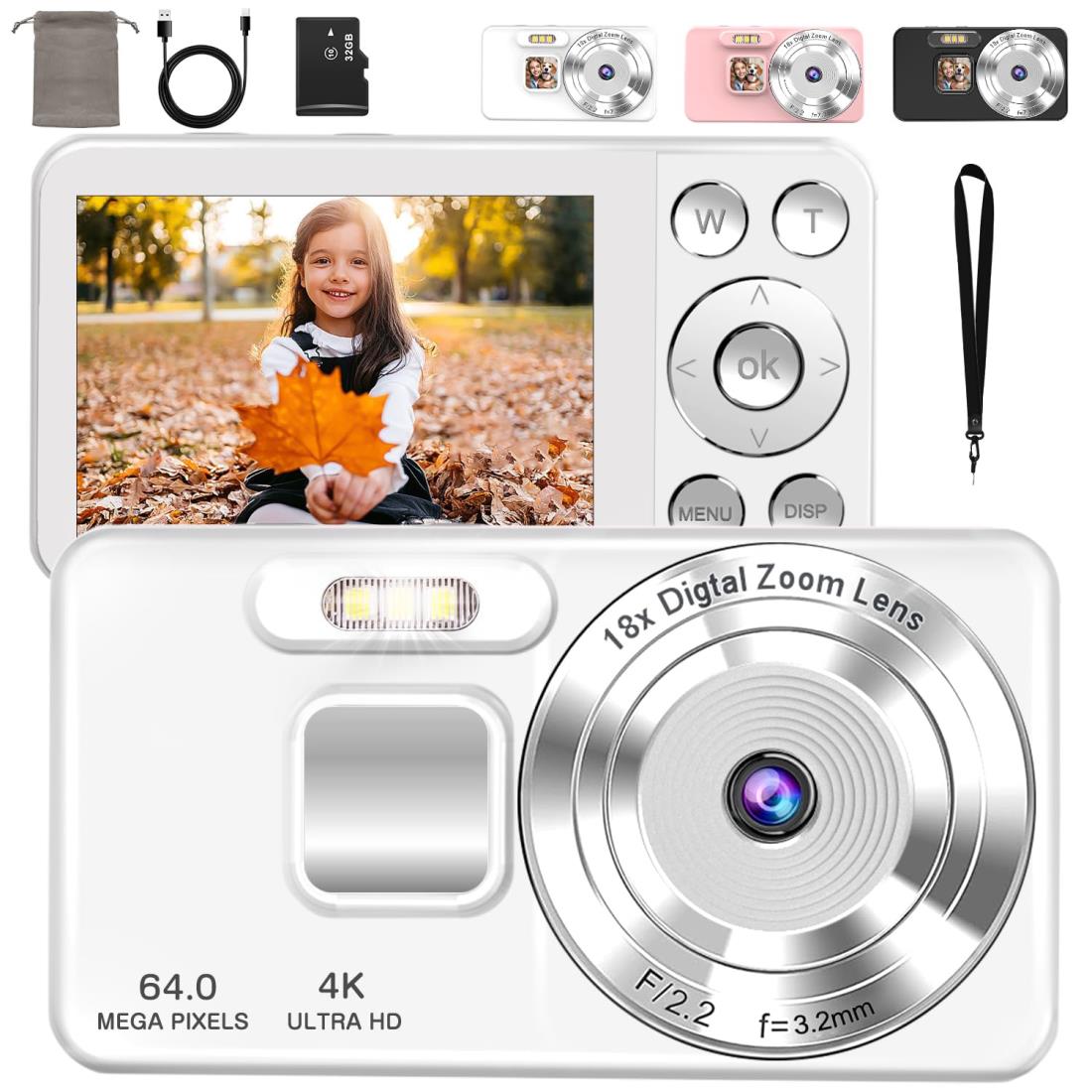 QZT デジタルカメラ 4K デジカメ 6400万画素 タイムプラス録画機能 2.8インチ大画面 オートフォーカス ..